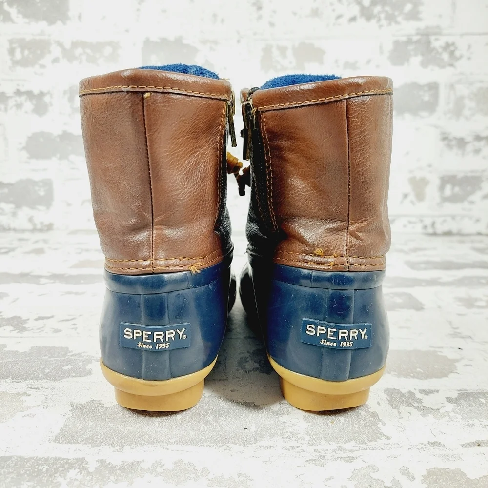 Sperry Saltwater Duck Rain Blue Brown Leather Lace Up Zipper Ankle Boots K338